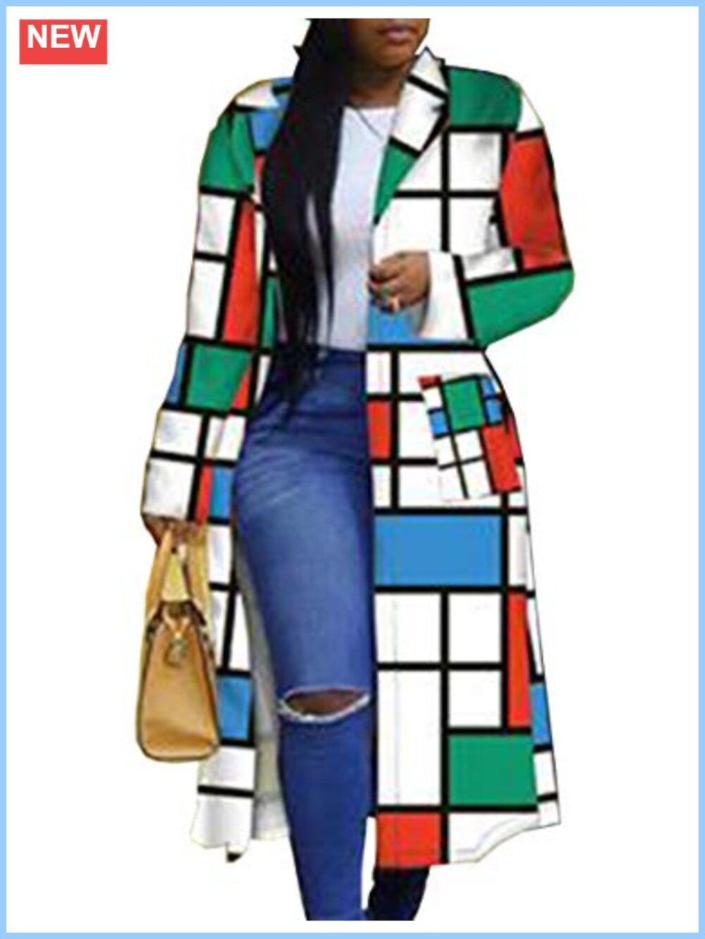Women's Geometric Print Double Breasted Trench Coat Long Sleeve Turn Down